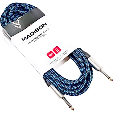 Madison Örgülü Kumaş Gitar Kablosu 6 Metre- SİYAH MAVİ ÇİZGİLİ